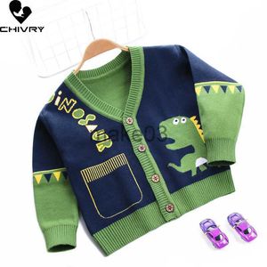 Cardigan Nowy jesień zima Kids Modna Moda Baby Boys Cartoon Dinozaur Single Breasted V Neck Dzian Knit Cardigan Sweter Zewnętrzny zużycie J230801