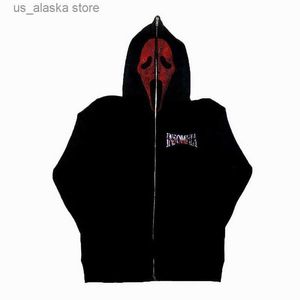 Herrhuvtröjor Sweatshirts Herrstrasse Skalle Red Print Streetwear Overdimasy Hoodie Men's Jacket Harajuku Goth Y2k Clothes Grunge Zip Hoodie T230731