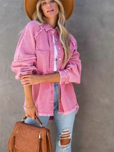ジャケットガールズ甘いピンクのルーズシャツジャケット女性カジュアルソフトボタンデニムシャツ女性シックなソリッドポケットジャケット230801