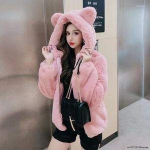 Women's Fur Lamb Coat Women Winter Cute Bear Ears Hooded Jacket Faux Rex Thick Warm Pure Color Simplicity Fashion Plush