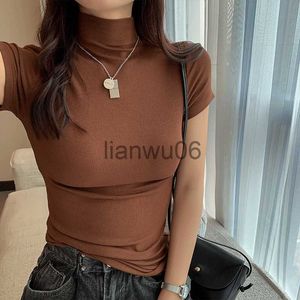 Kadınlar bluz gömlekleri kadın balıkçı yaka, lady elegant esnek yaz ince taban üstleri tees kadın temel tshirt j230802