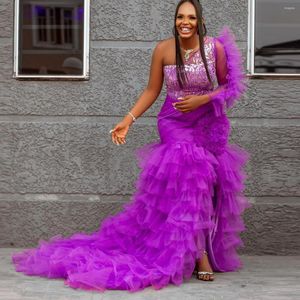 Casual Kleider Afrikanische Lila Tüll Eine Schulter Meerjungfrau Kleider Blumenapplikationen Lange Formale Party Sexy Aso Ebi Prom