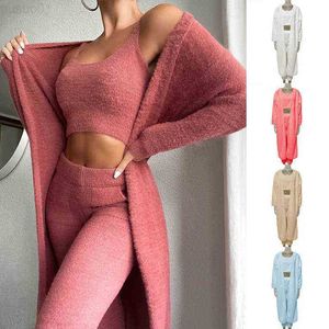 Dams Teddy Lounge Wear Set Womens 3 -stycken Tracksuits Fleece Pyjamas Cardigan 3 Piece Tracksuits Fleece Pyjamas Cardigan G0113