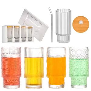 リブ付きガラス製品11オンスのヴィンテージ飲料メガネスタック可能なハイボール折り紙ガラスカップロマンチックな水飲料飲料カップ、ジュース、カクテルセット4