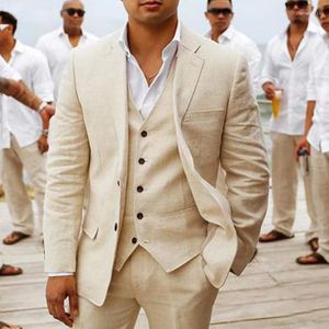 Abiti da uomo in lino estate uomo per smoking da sposo da sposa 3 pezzi casual da spiaggia set personalizzato giacca gilet con pantaloni moda americana 2023