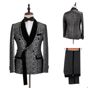 Leopard Print Tuxedo For Groom Silver-Black Men Suits 2 Pcs Blazer Pants Business Wedding Prom Party Custom Made
