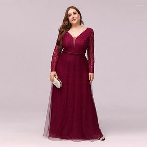 Party Dresses Burgundy V-Neck Evening Dress Floral Print Floor-Length Full Sleeves Zipper Back A-Line Plus Size Women Formal Gowns D1002