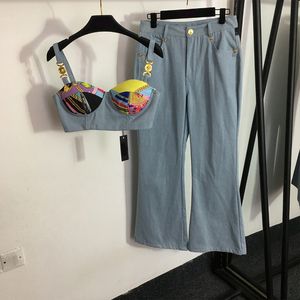 Women Halter Denim Pants Set Outdoor Party Denim Halter Jeans Leg Pants Set Casual Sexy Vintage Printing Short Sleeve Long Trousers Two Piece Set