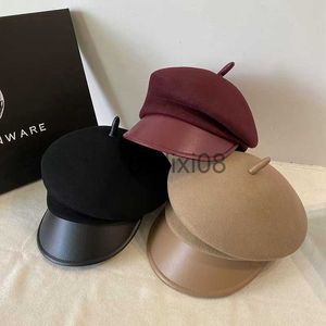 Stingy Brim Hats 2022New Japanese and Korean Australia Wool Cloche Hat Oregelbundet Newsboy Cap Lady Chic BERETS Women Pu Pe Peak Felt Fedora Hats J230802