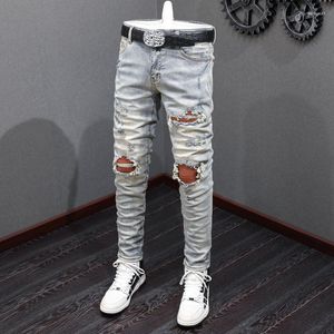 Jeans da uomo High Street Fashion Men Retro Washed Blue Elastic Stretch Skinny Fit Strappato Rattoppato Designer Pantaloni di marca Hip Hop