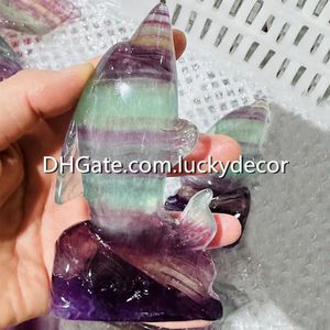 Naturlig regnbåge fluorit delfin skulptur gåva hand snidad vacker oregelkvartkvartz kristall mineralrock reiki heilng sten hav djur figur heminredning