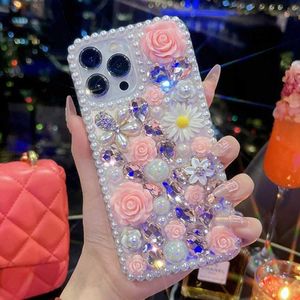 Handyhüllen 3D Floral Daisy Pearl Bling Rose Diamantkette Handyhülle für Samsung S23 S22 S21 S20 FE Ultra Plus + Note 10 20 Pro A 52 72 53 L230731