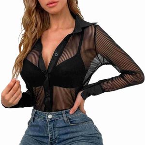 Camicette da donna Camicie Camicia a rete da donna 2023 Camicia da donna sexy a maniche lunghe con bottoni sensuali trasparenti Camicia a maniche lunghe con maniche lunghe J230802