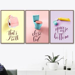 Canvas Painting Colorful Toilet Paper Toothpaste Broom Nordic Toilet Sign Posters And Prints Wall Art Pictures For Bathroom Home Decor w06