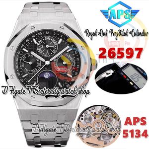 APSF aps26597 Perpetual Calendar Cal.5134 A5134 Automatic Mens Watch Superlumed Black Textured Dial Moon Phase Stainless Steel Bracelet Super eternity Watches