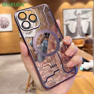 Cell Phone Cases Magsafing for iPhone 14 ProMax Plus 12 13 Pro Max New Circuit Pattern Magnetic Phone Case Lens Protector Plating Acrylic Cover L230731