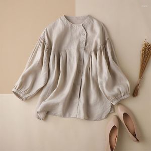 Camisas ativas vintage com decote em O lanterna sólido solto superdimensionado leve feminino casacos tops algodão linho feminino verão yoga top