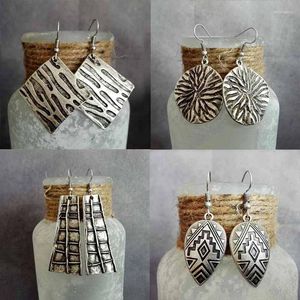 Hoop Earrings Ethnic Tribal Carved Metal Geometric Alloy Drop Retro Antique Silver Color Hanging Dangle For Women Jewelry