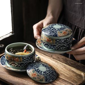 Tigelas Cozinha Criativa Com Tampa Utensílios de Mesa Japoneses Cerâmica Pintada à Mão Porcelana Azul e Branca Sopa Ovo Cozido no Vapor