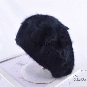 Stingy Brim Hats 1st Kvinnors eleganta flerfärgade konstnär Rabbit Fur Lapin Newsboy Beanie Beret Hat Warm Winter Hat Retro Plain Beret Solid Color J230802