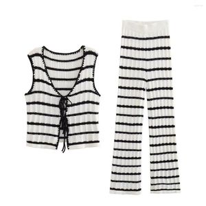 Women's Two Piece Pants Black White Striped Short-Sleeved Sets Crochet Knitted V-Neck Lace-Up Top And High-Waisted Elasticated Straight-Leg