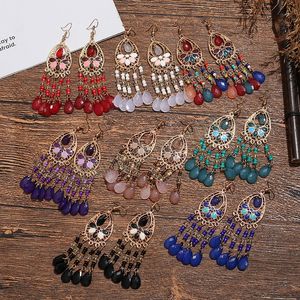 Vintage Ethnic Long Drop Flower Beads Tassel Earrings for Women Boho Gold Plated Hollow Acrylic Water Drop Dangle Earrings