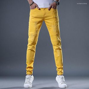 Мужские джинсы 2023 Желто -красные белые мужчины мода мода Стрим подходит для прямых брюк летняя уличная одежда разорванные джинсовые брюки.
