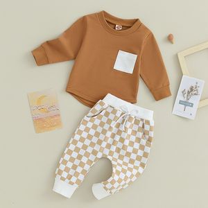 Conjuntos de roupas criança bebê meninos conjunto inverno outono roupas infantis bolso manga longa moletom calças estampa xadrez 2 peças roupas 230802