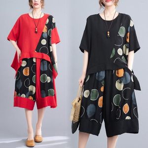 Women's Tracksuits #2723 Black Yellow Red Irregular Printed T Shirt And Shorts Women Outfits Vintage Loose Cotton Linen Two Piece Set Thin