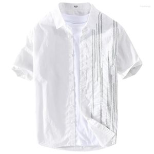 メンズカジュアルシャツ日本の夏のレジャー刺繍ファッショントレンド汎用性とハンサムな白い綿