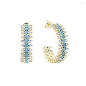 Orecchini a cerchio arrivati pavimentati 5A Sparking CZ Blue Turquoises Stone Orecchino a cerchio di medie dimensioni per donna ragazza