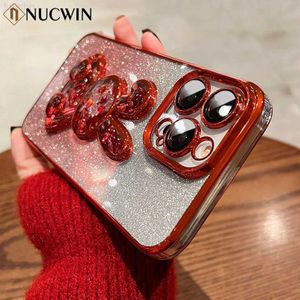 Custodie per cellulari Cute Bear Glitter Gradient Quicksand Case per iPhone 14 13 12 11 Pro Max 14 Plus Cartoon Rabbit Camera Film Placcatura Bling Cover L230731