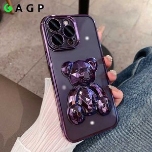 Mobiltelefonfodral för iPhone 14 Pro Luxury Cute Bear Transparent Camera Protection Case för iPhone 11 13 14 Pro Max 14 Plus plätering Mjuk täckning L230731