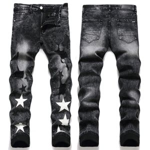 Jeans Masculino Fit Elástico Preto Balão de Algodão Bordado Couro Mark Broken Star Moda Jeans Masculino na Europa e América