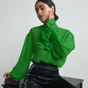 Kvinnors blusar Jyate 2023 Autumn Fashion Shirt Kvinnor Elegant Chiffon Ruffled långärmad topp Löst tunna smala grönt enbröd