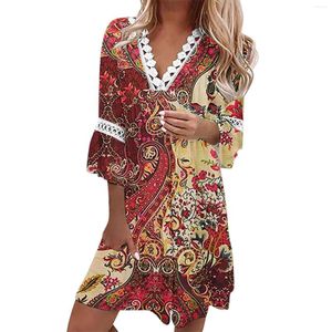 Casual Dresses Ethnic Style Lace Trim V Neck For Women 2023 Plus Size Three Quarter Swees Swing Dress Bohemian Mini Girls