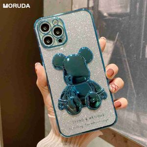 Capas de telefone celular Luxo Glitter Cute Bear Phone Case para iPhone 11 12 13 Pro Max X Xs Xr 7 8 Plus SE 2020 11Pro 14 Pro Electroplate Clear Cover L230731