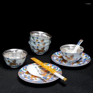 Bowls Tableware China Bowl Chopsticks Soup Ladle Silvering Ceramic Set Porcelain Kitchen Dining Eat Gift