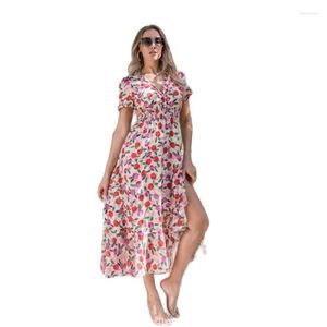 Party Dresses 2023 Women Printed Flowers Long Dress Fashion Sexy V-neck Beach Holiday Chiffon Drop