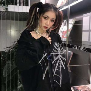 Męskie bluzy bluzy Y2K Gothic Rhinestone Spider Web Zipper Hoodie Women Harajuku Punk Super Sweater Autumn Street Ubranie z kapturem Z230803