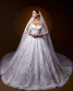 Exquisite Ball Gown Wedding Dresses Long Sleeves V Neck Sequins Appliques Diamonds Floor Length Beads Zipper 3D Lace Crystals Bridal Gowns Dress Vestido de novia