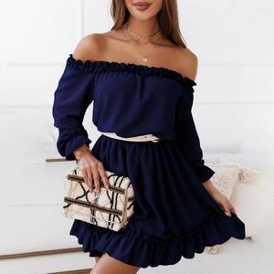 Casual Dresses Lady Ruffle Trim Dress Elegant Off-shoulder Mini Chic A-line Prom Party Attire With Pleated Patchwork For Summer