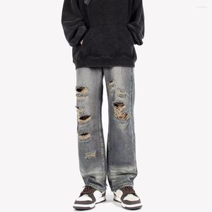 Jeans masculino High Street Do Old Washed Rasgado Estilo Hip Hop Perna Reta Solta