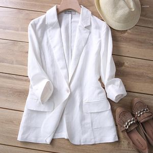 Women's Suits Cotton Linen Blazer Jacket Women Autumn Outwear High Quality Single Button Notched Three Quarter Sleeve Top