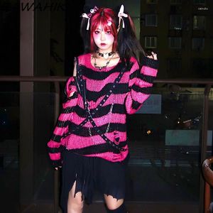 Women's Sweaters Grunge Harajuku Striped Knit Sweater Women Y2K Streetwear Hollow Out Jumper Loose Purple Punk Gothic Clothes