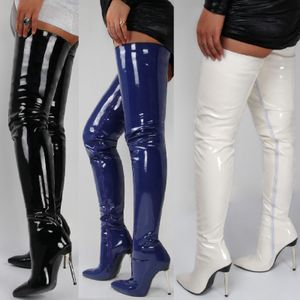 Boots Ladies Patent Leather на колене высокий каблук сексуальный ботинок Большой размер Stiletto Women S Botas Mujer 230801