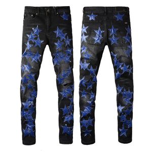 Herren Jeans AM Male High Street Denim Hosen Mode Marke Blue Stars Distressed Schwarz Slim Casual Für Männer 230801