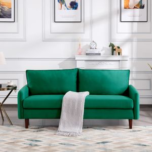 リビングルームの家具、木製の脚のラブシートベルベット、緑
