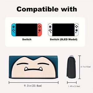 1 st switchfodral kompatibel med Nintendo Switch och Switch OLED, söta läderresor som bär koppling med spelhållare - Snorlax Blue