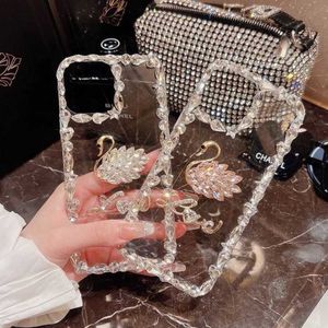 Случаи по сотовым телефонам блестящий бриллиант Diamond Love Crystal Swan Chase для iPhone 14 XR XS 11 12 13 Pro Max 5 SE 6 S 7 8 плюс SE 2020 + Cover L230731